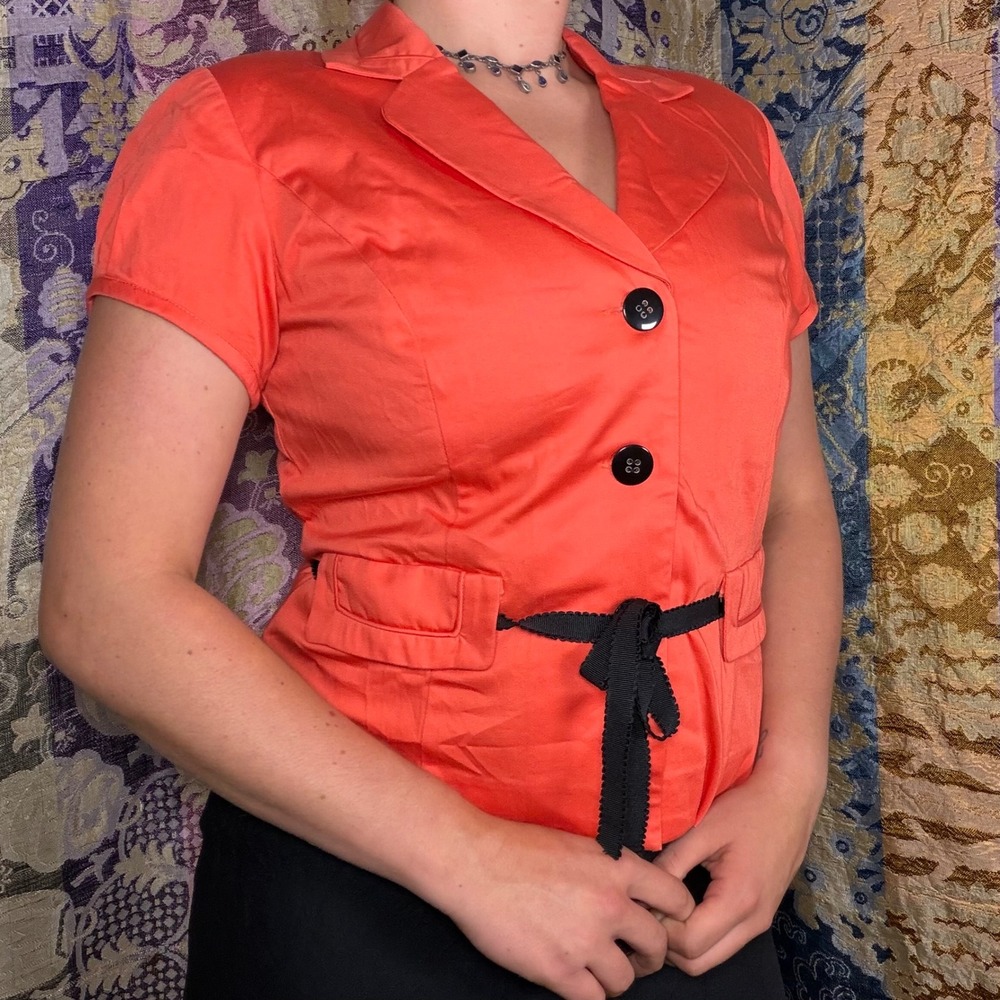 Cutesy Orange Puff Sleeve Button Front Office Siren Top Size M